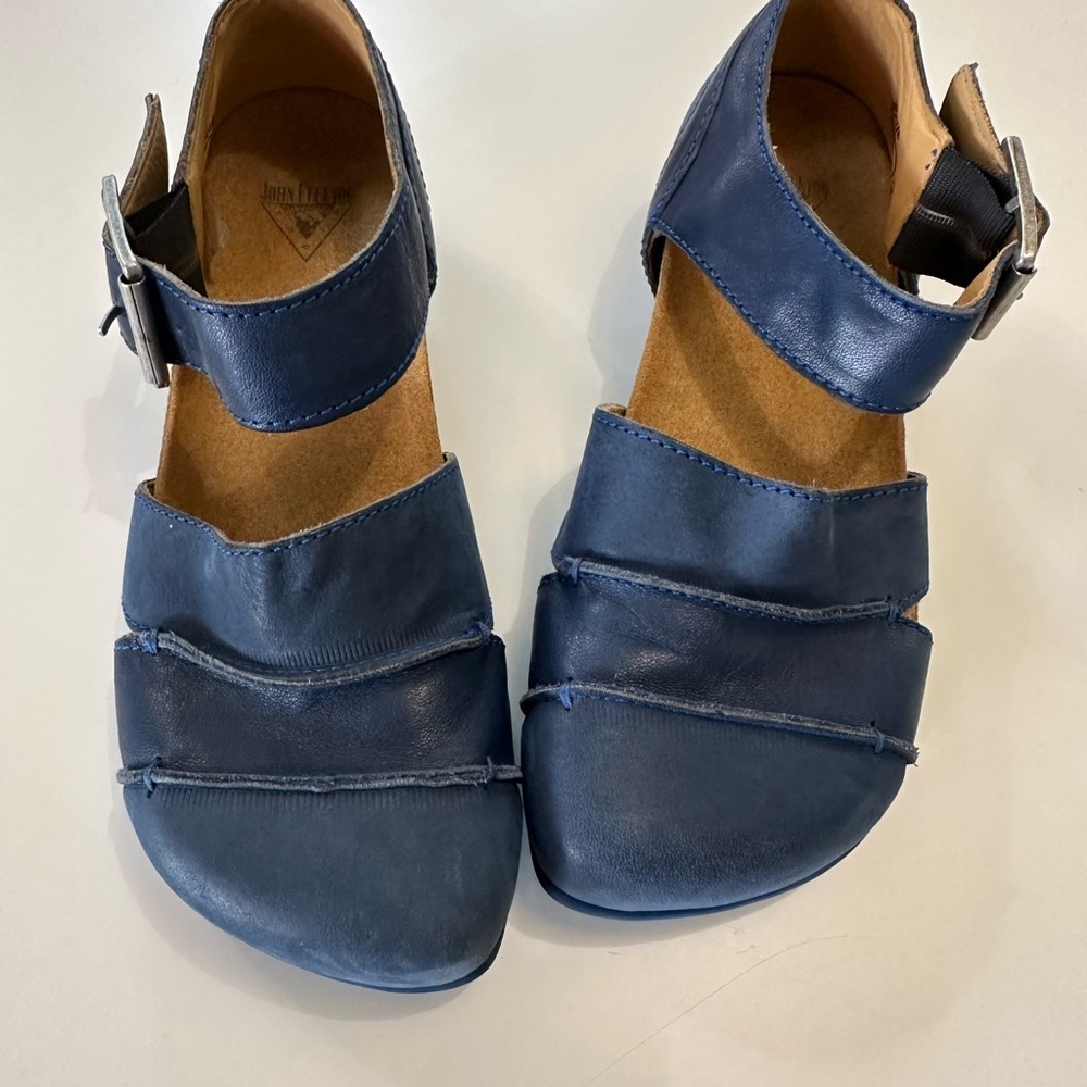 John Fluevog Blue Sarika Closed-Toe Cork Sandals